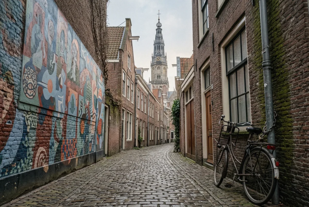A quiet Amsterdam alley in the old centre with a mural on brick and a church tower beyond, the kind of frame the Red Light District photography rules allow