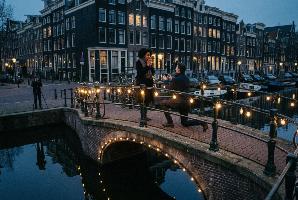 A man proposing on a small arched Amsterdam canal bridge at blue hour with lit bridge lamps doubled in the water